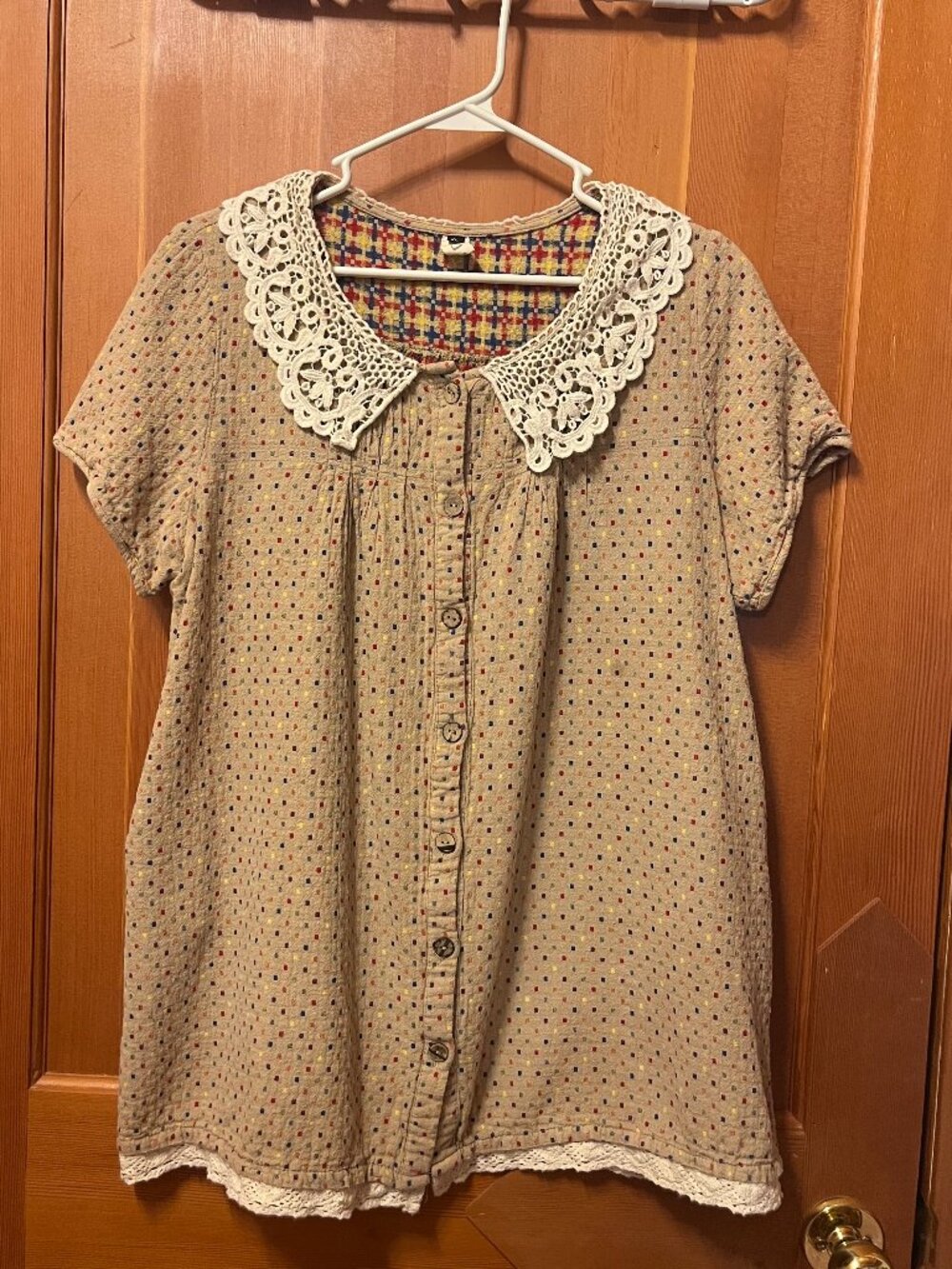 Brown Polkadot Lace Collar Short-Sleeve Blouse
